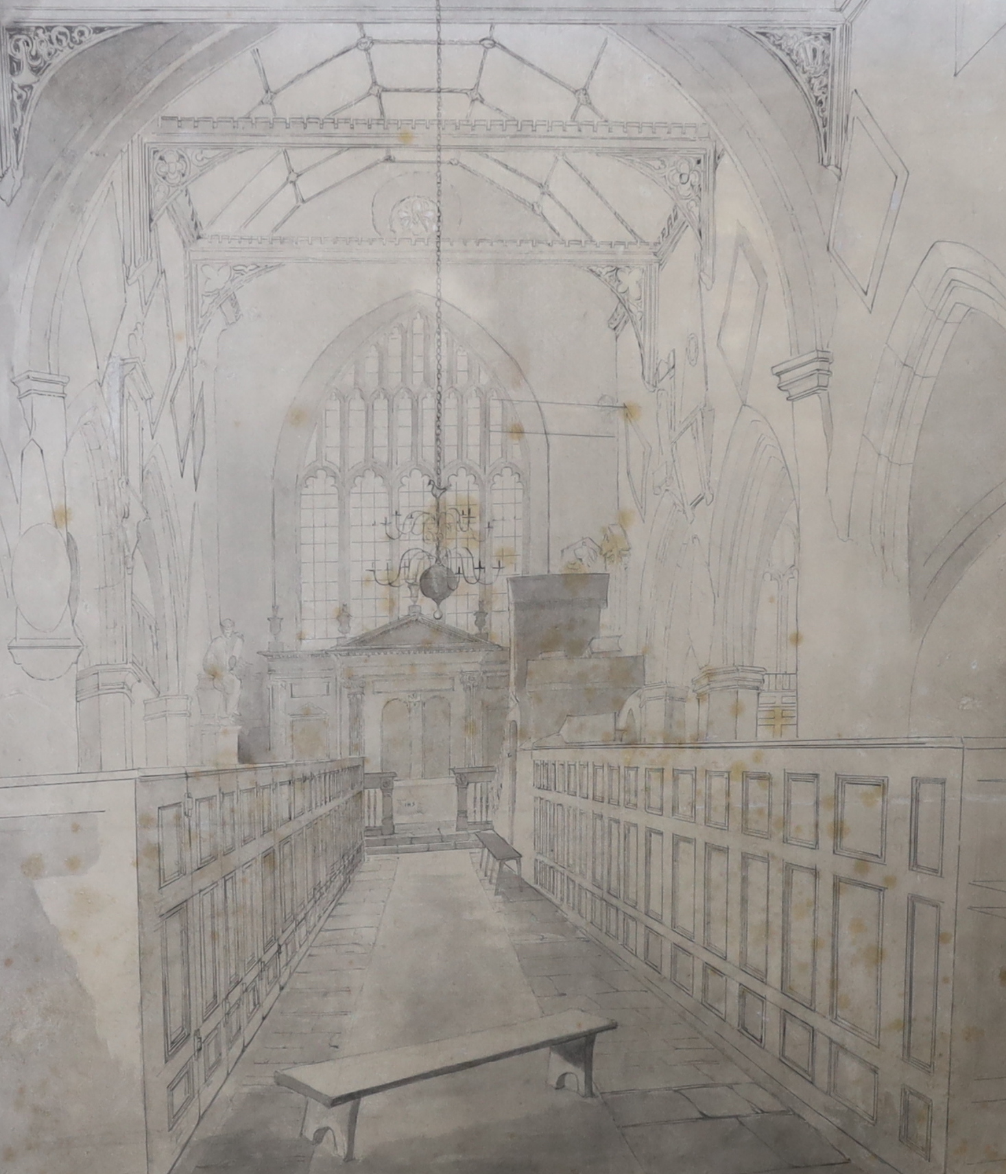 Mid 19th century, pencil study, 'Holy Trinity Church, Cuckfield', unsigned, inscribed in ink verso, together with two 19th century watercolours including George De Paris (1829-1911), 'Cuckfield 1876', largest 57 x 50cm